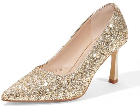 GENSHUO Tacco Alto 10 cm Punta Affilata Eleganza e Comfort Scarpe Classiche in Vernice e Glitter per Matrimoni Lavoro, Scintillio d'oro, 41 EU