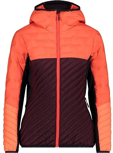 CMP W Jacket Hybrid Fix Hood Mini Ripstop Colorblock-Orange-Rot - Daunen Wasserabweisende robuste Damen Isolationsjacke,