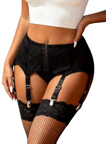comeondear Women Sexy Lace Suspender Belt Mesh Garter Front Button to Open Plus Size Lingerie Set with 6 Adjustable Wide Straps Metal Clip for Stockings Black