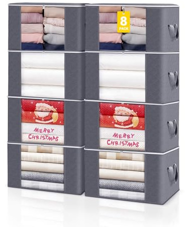 KALAHOL 90L Large Capacity Clothes Storage Bags with Zips, Storage Boxes with Lids, Reinforced Handle, Foldable, Thick Fabric, for Comforters, Clothes, Blankets, Bedding, 8 Pack, Dark Grey