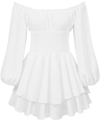 Miolasay Women Puff Ruffle Dress Built-in Shorts Lace Boat Neck Long Sleeve Flouncing Bodysuit Off Shoulder Long Sleeve Layered Short Dress (White, L)
