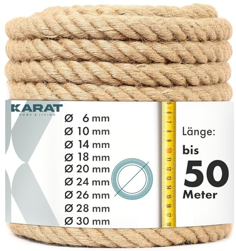 KARAT - Corde en Jute Torsadée - 100% Naturelle et Extra Solide - Idéale pour l'escalade, Le Sport, la Décoration de Jardin et Les Travaux Manuels - Diamètre 24mm, 15 Mètres