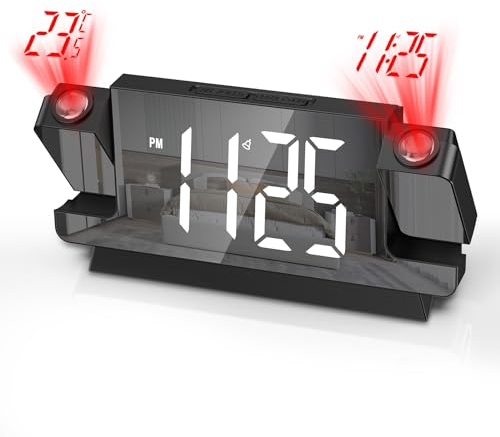 OQIMAX Projektionswecker, Dualer 180° Projektor Digitaler Wecker fur Zeit Projektion, 4 Stufen Bildschirmhelligkeit Wecker Digital, 12/24 H, Kalender, Snooze, Digital LED-Spiegeluhr für Schlafzimm