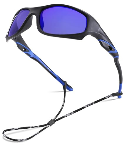 LIU·WEN Kids Sports Baseball Polarized Sunglasses - Flexible Shades With Strap for Youth Boys Girls Age 4-12(Black/Blue Lens)