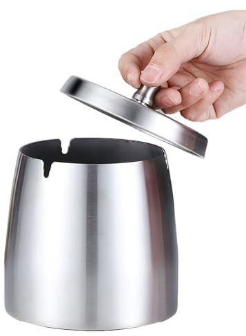 Garegce Ashtray with Lid, Stainless Steel Cigarette Ashtray with Lids SmellProof Windproof Rainproof with Non-Slip Base for Garden Bar Balcony Home Office Indoors and Outdoors- Small Size