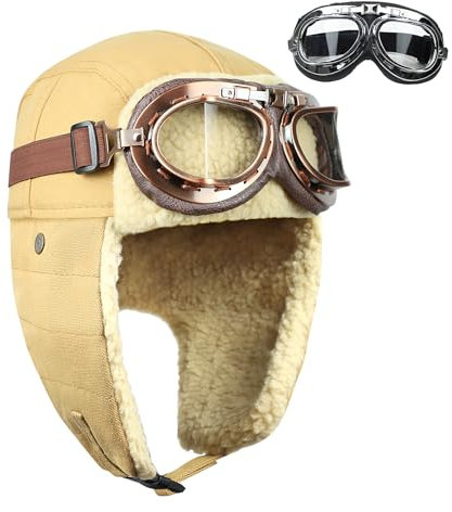 BAIFUMEN Vintage-Fliegerhut und Brille mit Maske, Kunstpelz-Ohrenschützer, Kostümzubehör, Trooper-Trapper-Pilotenmütze für Damen und Herren, Piloten Kostüm Damen, Kinder Pilotenmütze（Gelb）