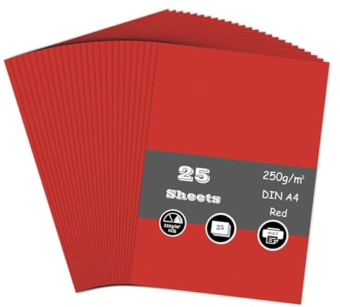 Lot de 25 feuilles de papier cartonné rouge, feuille cartonnée A4 250 g/m² épais carton bricolage pour la fabrication de cartes, le scrapbooking, l'impression au bureau et les loisirs créatifs