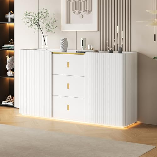 Ymkua Sideboard, Buffetschrank, Kommode mit 2 Türen und 3 Schubkästen, LED-Vitrine, Wohnzimmerschrank, Standschrank, TV-Schrank, Anrichte Esszimmer für Schlafzimmer und Wohnzimmer, Weiß, 150x35x80 cm