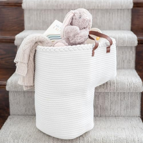 Cesta de escalera para escaleras alfombradas y de madera, escalera de cuerda de algodón con asas, solución de almacenamiento para lavandería, juguetes, guardería, color blanco, 15.75 x 7.87 x 15.75