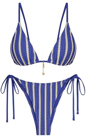 ZAFUL Blue High Waisted Crochet Tie Bikini Sets for Women Cheeky Two Piece Bathing Suits Striped Brazilian High Cut Knit Swimsuit for Vacation Resort Wear 2026 M
