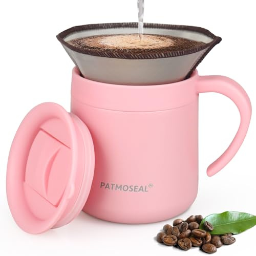 PATMOSEAL Cafetera con filtro sin papel, taza aislada al vacío con tapa a prueba de salpicaduras y asa 2 en 1 para oficina, hogar, viajes, campamento, 350 ml (rosa)