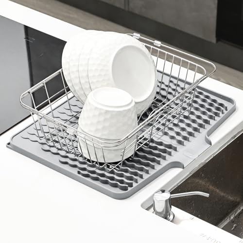 KitchenRaku Tappetino scolapiatti 40x30x1.5cm, Resistente al calore,Sottobicchieri in silicone antiscivolo, Presine, Tovaglietta, Ripiano per cucchiai (Grigio)