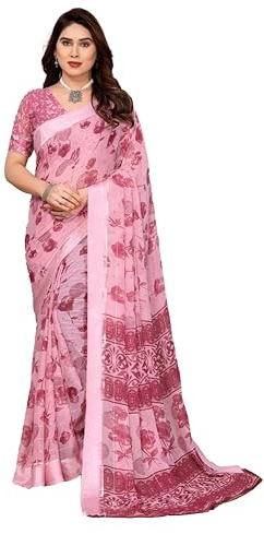 ETHNICMODE Indian Saree For Women Printed Georgette Light Weight Party Wear Peach Sari With Unstitched Peach Blouse Piece-1218