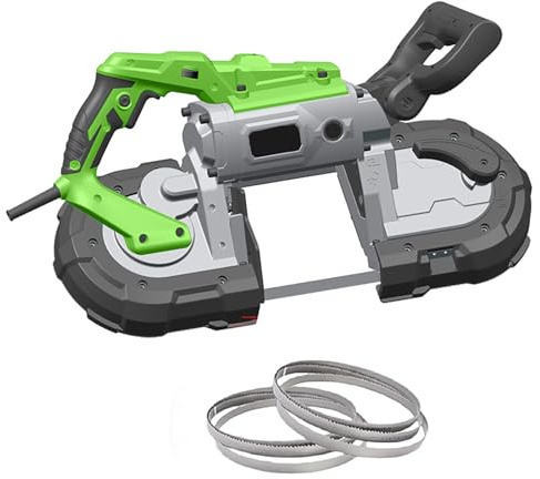 Scie à ruban de 1100W pour métal et bois, scie à ruban portable avec 2 lames de scie, scie à ruban portative à main pour coupe de métal avec 6 vitesses réglables, lumière LED(Band saw)