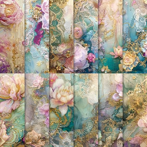 24 Sheets Gold Floral Print Scrapbook Paper, 6x6 Assorted Golden Floral Patterns Art Craft Paper for Birthday DIY Crafts Baby Shower Party Supplies