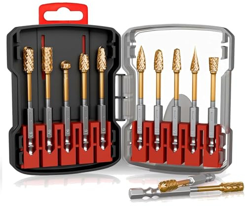 VOBOR 10 Stück Hartmetall Frässtifte Bits Set mit Doppelschnitt, 1/4 (6.35mm) Schaft, Raspel Set für Metallbearbeitung, Polieren, Gravieren, Bohren, Holzschnitzerei