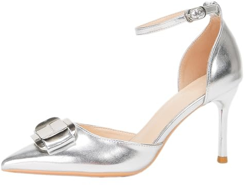Qynthra Tacchi da Sposa Donna Elegante Tacco Stiletto Cavigliera Punta A Punta Ballerine per Sposa E Cerimonia Sintetico Argento Lucido,Silver (Heel 8cm),34 EU