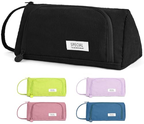 APXEL Large Capacity Pencil Case 2 Compartment, Corduroy Pencil Pouch, Portable Pen Bag with Handle, Portable Makeup Bag Stationery Pouch for Teenage Boys Girls School College (Black)