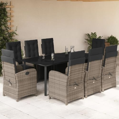 9-TLG. Gruppo da giardino con cuscino, grigio polyrattan, sedie regolabili, tavolo in vetro, sala da pranzo all'aperto per terrazza, balcone, 200 x 100 cm