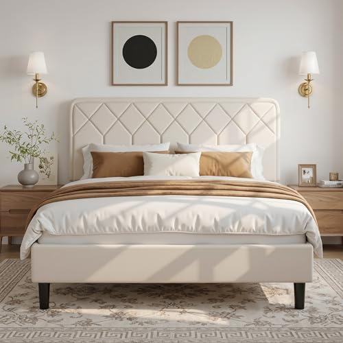 VECELO Lit Double Rembourré 140x190 cm, Sommier Plateforme avec Tête de Lit Réglable, Support à Lattes en Bois Solide, Tissu en Velours Haut de Gamme, Facile à Assembler, Cremé