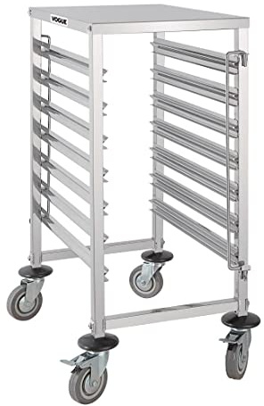 Vogue Chariot à glissières avec plan de travail GN 1/1 à 7 niveaux, en acier inoxydable, taille : 900(H) x 380(L) x 557(P)mm, roulettes freinées pour 1/1, Plateaux GN 1/2, 1/3, 2/3, GG498