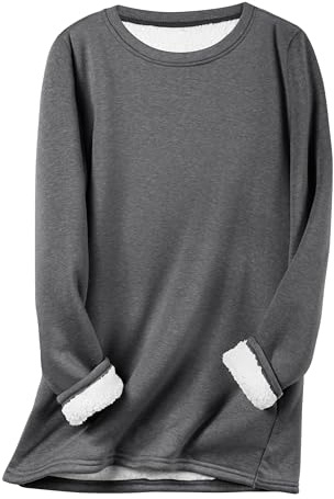 Flygo Women's Winter Warm Sherpa Lined Fleece Crewneck Sweatshirt Pullover Loungewear Tunic Tops(Dark Grey-XXL)