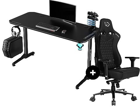 ULTRADESK Computertisch Gaming Tisch Schreibtisch FRAG V3 + Stuhl Throne - Komplette Set für Gamer - tahlkonstruktion, Platz für Zwei Monitore - Zwei Kissen, 4D-Armlehnen, Bequemlichkeit - Schwarz