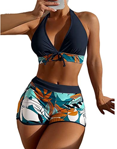 Maillot de Bain Femme 2 Pièces - Ensemble Bikini Taille Haute Rembourré Push Up - Short de Bain Uni