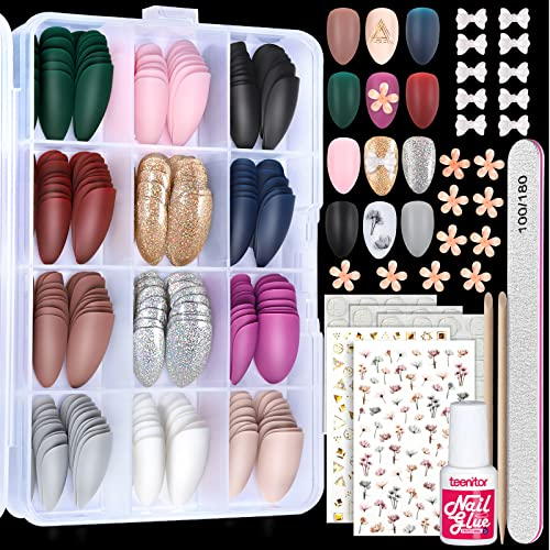 288pcs Almond Press on Nails with Glue for Women, Teenitor Full Cover False Short Set Matte & Glitter Press-On Fake Nails, Coffin Medium Length Nail Tips Sticker