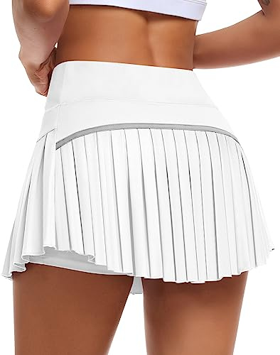 JoyGirl Dam veckad tenniskjol med shorts, hög midja, golfkort, minikjol, träning, atletiska shorts med fickor, B-vitt, S