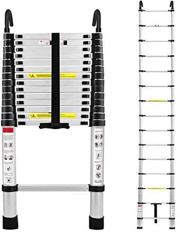 LARS360 4,4m Teleskopleiter aus Aluminium mit Abnehmbaren Haken und Rutschfesten Füßen, Aluleiter Klappbar, Dachbodenleiter, Tragfähigkeit 150 kg, Zusammengeklappte Höhe 90,5 cm, Silber