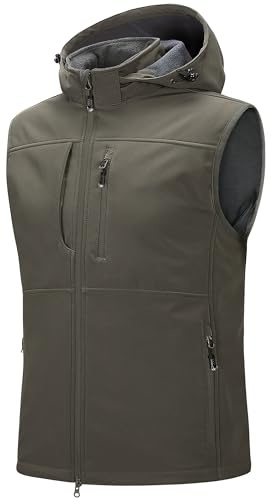33,000ft Men‘s Softshell Gilet Waterproof Activewear Vests Windproof Fleece Lined Gilets with Hood Sleeveless Softshell Jacket for Hiking, Golf, Travelling,Safari Olive Green 2XL