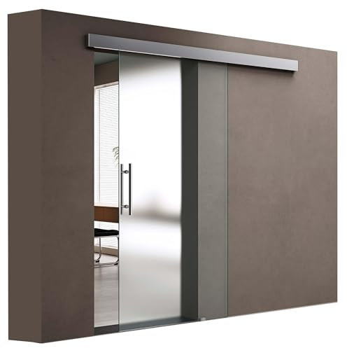 doporro Glasschiebetür Komplettset Softclose 102,5 x 205 cm | 15mm Wandabstand | Schiebetür mit ESG-Sicherheitsglas | Zimmertür Glas Satiniert mit Stangengriff | Amalfi-plus 14