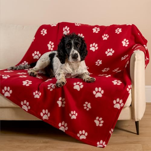 OHS Blanket for Dogs, Super Soft Comfy Fleece Throw Blanket Stylish Pet Paw Print Design Sofa Cover Throw Dog Blankets Washable Warm Pet Fleece Blankets, Red - 120 x 150cm