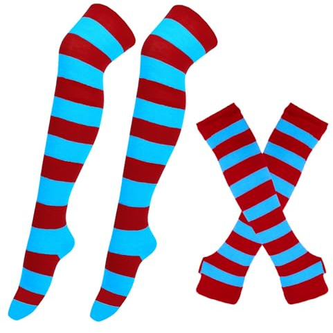BRTNUP Striped Arm Warmers Leg Warmers Set, Stripeda Socks Over Knee, Striped Arm Warmer Fingerless Gloves for Girls Women (D, One size)