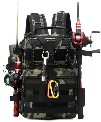 QCXWCJWD Fishing Rucksack, Tackle Bags with Rod Holder, Fishing Bag for Portable Sling Gear Bag, Military Tactical Backpack, Multi-Purpose Camouflage for Hunting