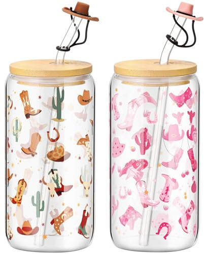 Baderke 2 Sets Western Cowgirl Beer Can 16 oz Drinking Cups with Bamboo Lid Glass Straw and Cleaning Brush Cowboy Boots Iced Coffee Cup Reusable Tumbler for Party Favors Gifts(Clear)