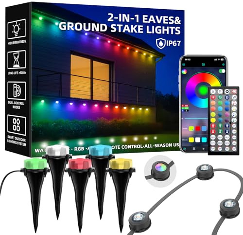 Geodurn 50 FT Halloween Eaves Lights, Outdoor RGB LED String Lights with App and Remote Control, Waterproof Color Changing Lights for House Roof, Garden and Landscape, 2-in-1 Ground Stakes