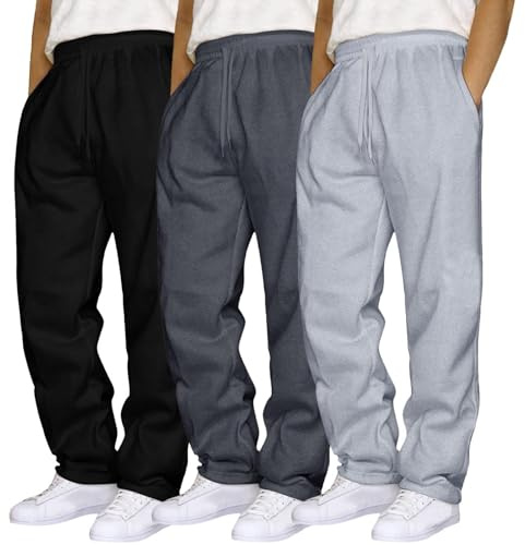 3 Pack Mens Straight Leg Sweat Pants with Pockets Baggy Men Plain Jogging Bottoms Joggers Fleece Pants Gym Sports Trousers Mens Open Hem Jog Pant Drawstring Tracksuit Bottoms Loose Fit Work (XXXL)