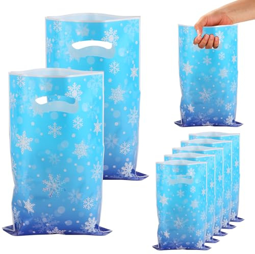 50pcs Sac Cadeau Neige Flocons d'Hiver, 25x16,5cm Plastique Bleu Violet Sacs Cadeaux Anniversaire d'Hiver Fournitures de Fête d'Anniversaire à Thème pour Bonbons Biscuits Jouets Emballer