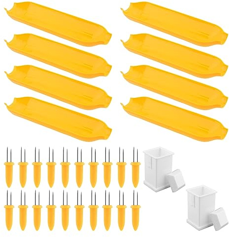 Rivonthex 30-Piece Corn Cob Holder and Dish Set, 20 Stainless Steel Holders, 8 Serving Trays, 2 Butter Spreaders, for Outdoor BBQ and Indoor Dining(Yellow)