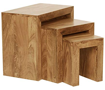FineBuy 3er Set Satztisch Massiv-Holz Wohnzimmer-Tisch Landhaus-Stil Beistelltisch dunkel-braun Naturholz Couchtisch Natur-Produkt Wohnzimmermöbel Unikat Massivholzmöbel Echtholz Anstelltisch