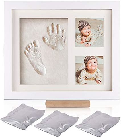 Aokyom Baby Holz Bilderrahmen,Baby Handabdruck und Fußabdruck,Baby Fotorahmen Set,Baby Fussabdruck Baby Holz Bilderrahmen mit 3 pack ungiftigen Stempelkissen Qualität perfekt für Familie Baby Shower