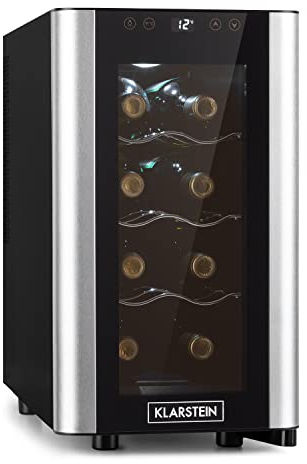 KLARSTEIN Reserva Slim Uno - cave à vin, 23 litres / 8 bouteilles, Température 11-18 °C, silencieuse : 26 dB, 3 clayettes métalliques, éclairage LED, protection anti UV - noir