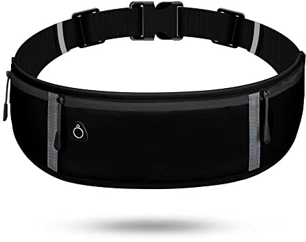 LocoJoy Best Comfortable More Soft Adjustable Running Belt with Reflective Strip that Fit All Phone and All Waist Sizes for Running, Workouts, Outdoor Sports,Training Money Belt & More, Pure Black