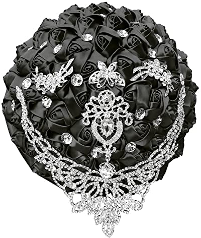 Sharebeauty 24,9 cm handgefertigter Satin-Rosenstrauß, rund, für Hochzeiten, Blumenstrauß, Überwurf, künstliche Blumenstrauß, Schwarz