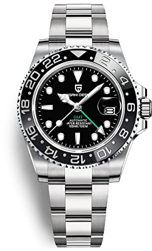 PAGRNE DESIGN GMT Orologio da Uomo Orologio Meccanico Automatico Acciaio Inossidabile Impermeabile 100M, Data, Luminoso, Lunetta in Ceramica, Vetro Zaffiro Orologi da Polso (3 Nero)