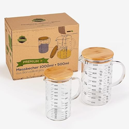 TreeBox Lot de 2 gobelets doseurs en verre de qualité supérieure - 1 l et 500 ml - En verre borosilicate robuste et résistant à la chaleur - Avec couvercle en bambou - Passe au micro-ondes - Pour la