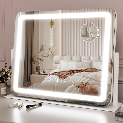 ROLOVE Large Vanity Mirror with Lights, 22x17 Lighted Makeup Mirror for Desk, 3 Color Dimmable LED Lights, Smart Touch Control & 360° Rotation Tabletop Dresser Mirror (White)