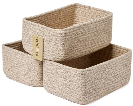 MiniArk Small Storage Baskets for Organizing | Closet Organizer Bins | Shelf Toy Basket | Woven Rope Baskets | Cube Decorative Box | Shallow Basket | L11.5xW7.5xH4.7| Brown